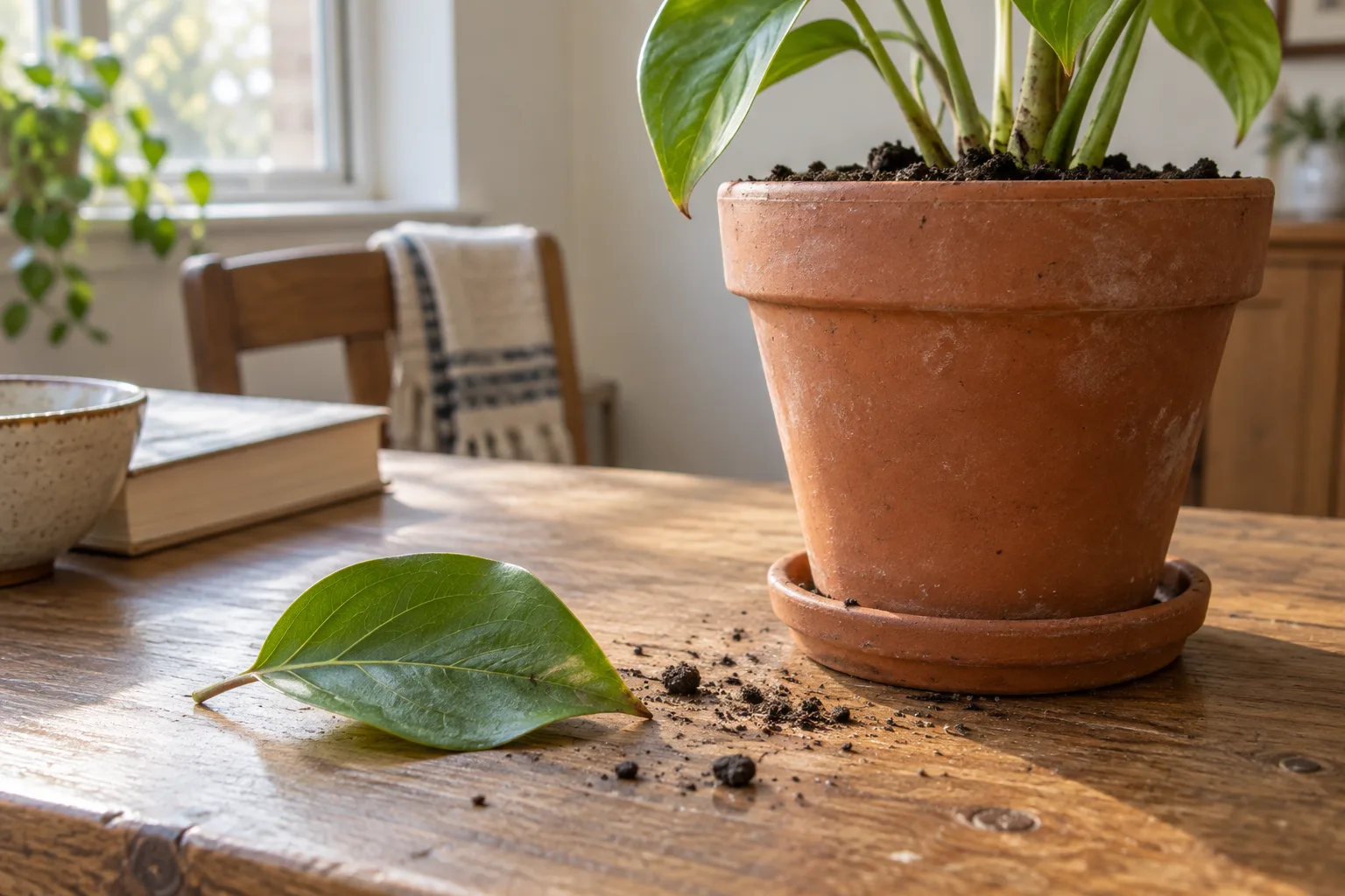 A leaf on a table beside a plant pot, with a little soil scattered about
