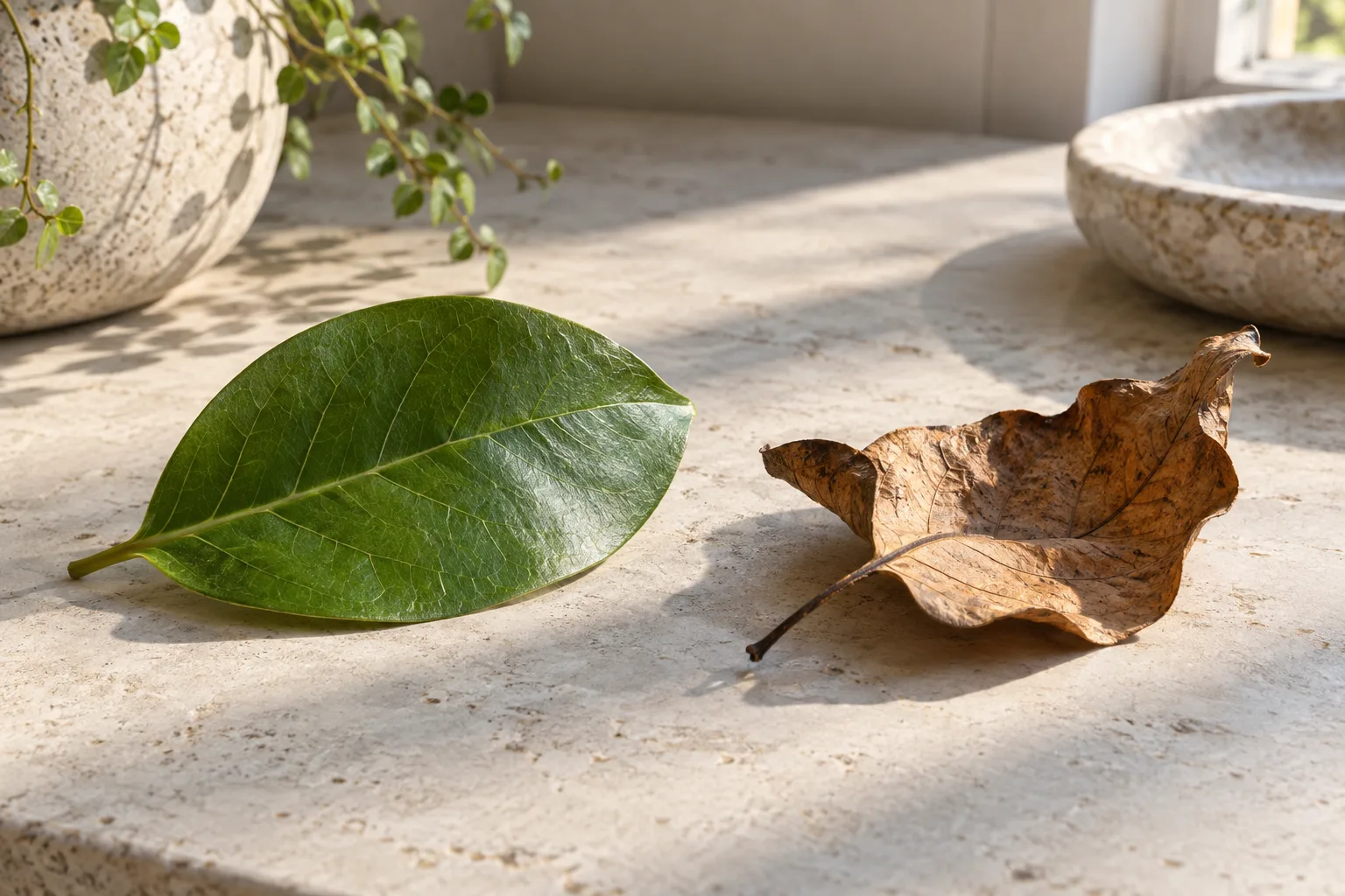 A green leaf and a dry brown leaf placed side by side