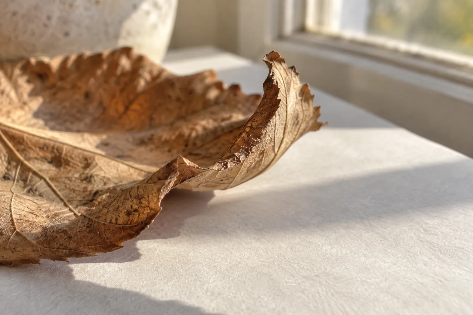 The crumpled edge of a dry brown leaf