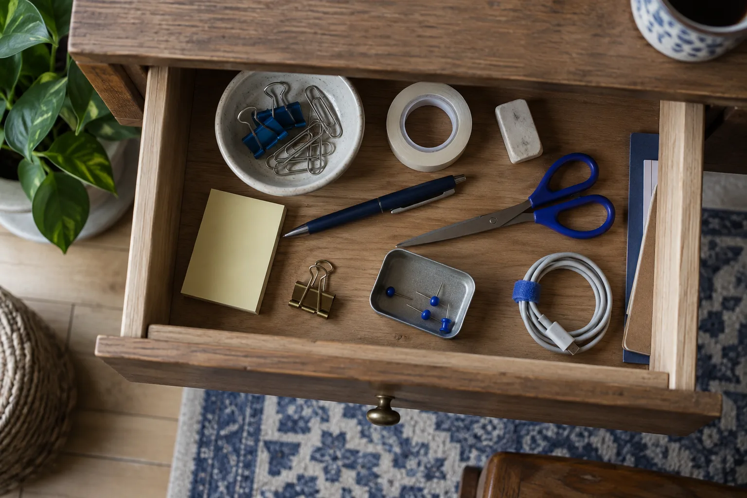 A wooden drawer holding small items of stationery