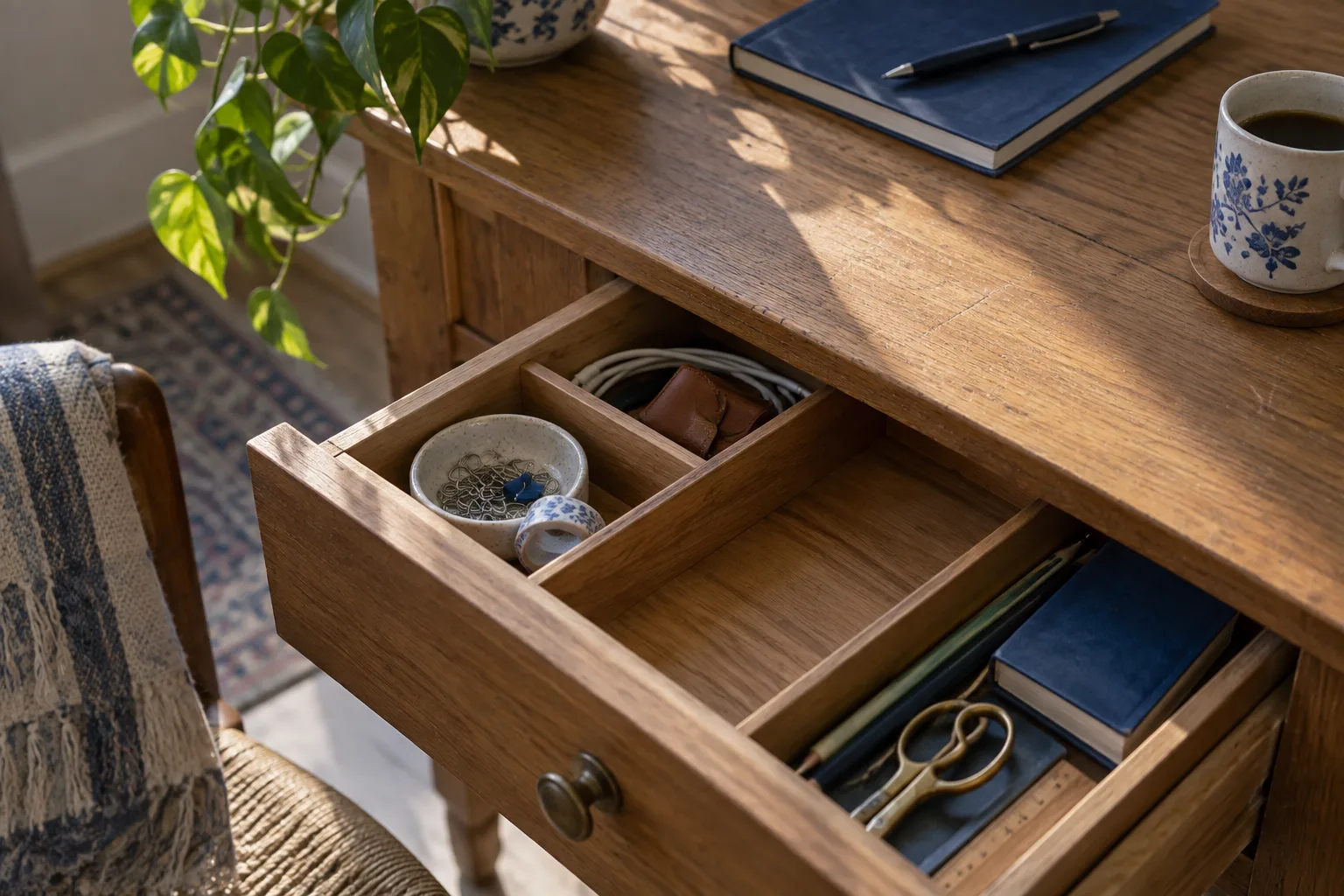 One compartment of a wooden drawer left empty