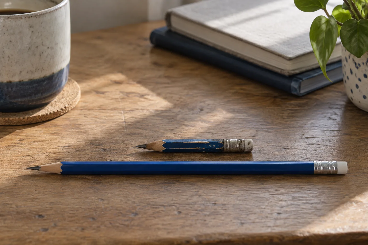 A short, worn-down pencil beside a new one