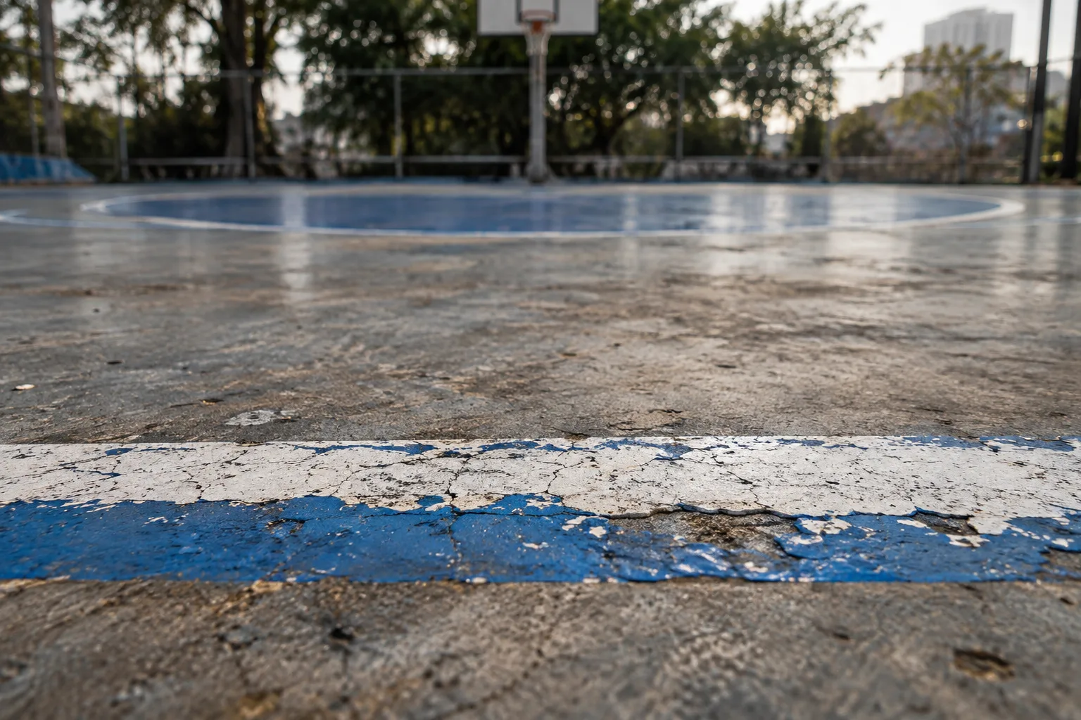 A worn free-throw line on a basketball court
